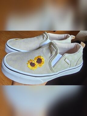 Sz 2.0 Little Girl's VANS ASHER CHECKERBOARD SUNFLOWER Slip-on Shoes